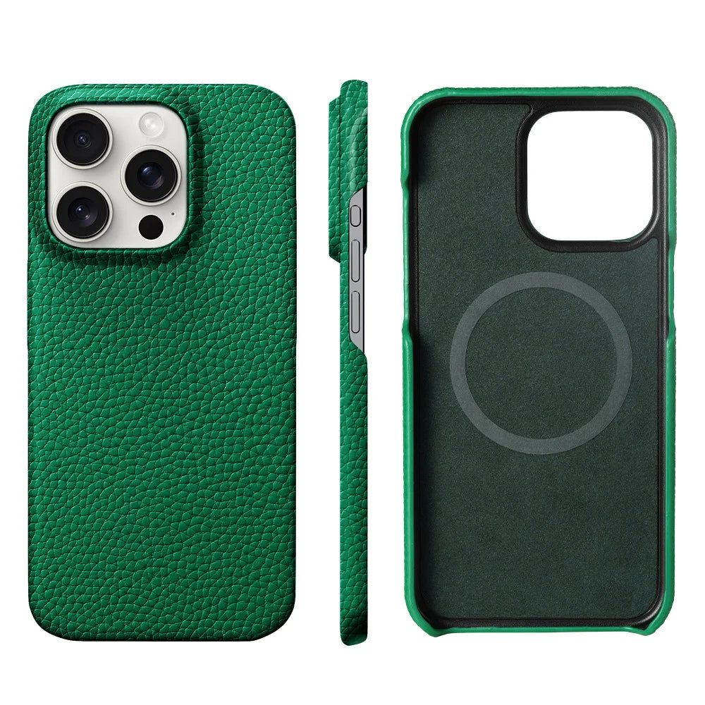 for Magsafe Case for iPhone 17 15 16 Pro Max Air 16Pro Natural Cowhide Lychee Leather Magnetic Protector Luxury Phone Back Cover