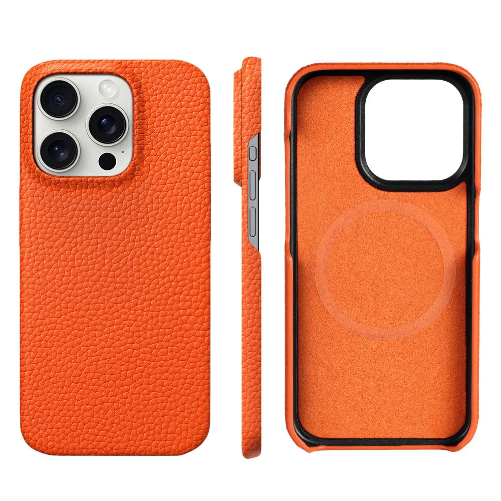 for Magsafe Case for iPhone 17 15 16 Pro Max Air 16Pro Natural Cowhide Lychee Leather Magnetic Protector Luxury Phone Back Cover