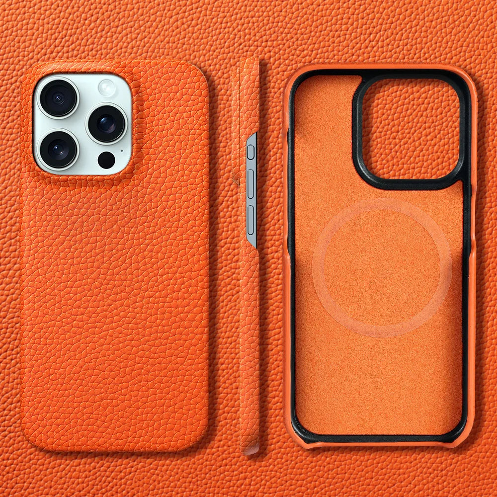 for Magsafe Case for iPhone 17 15 16 Pro Max Air 16Pro Natural Cowhide Lychee Leather Magnetic Protector Luxury Phone Back Cover